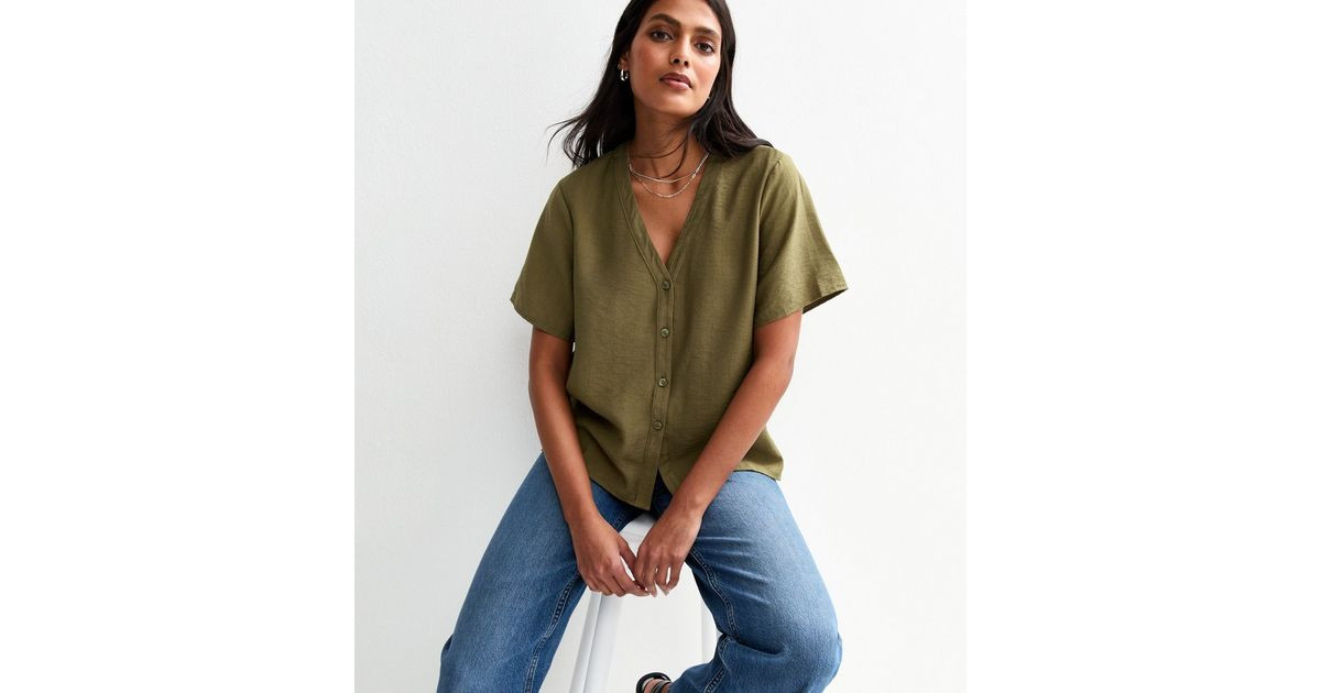 Khaki V-Neck Button Up Top | New Look | New Look (UK)