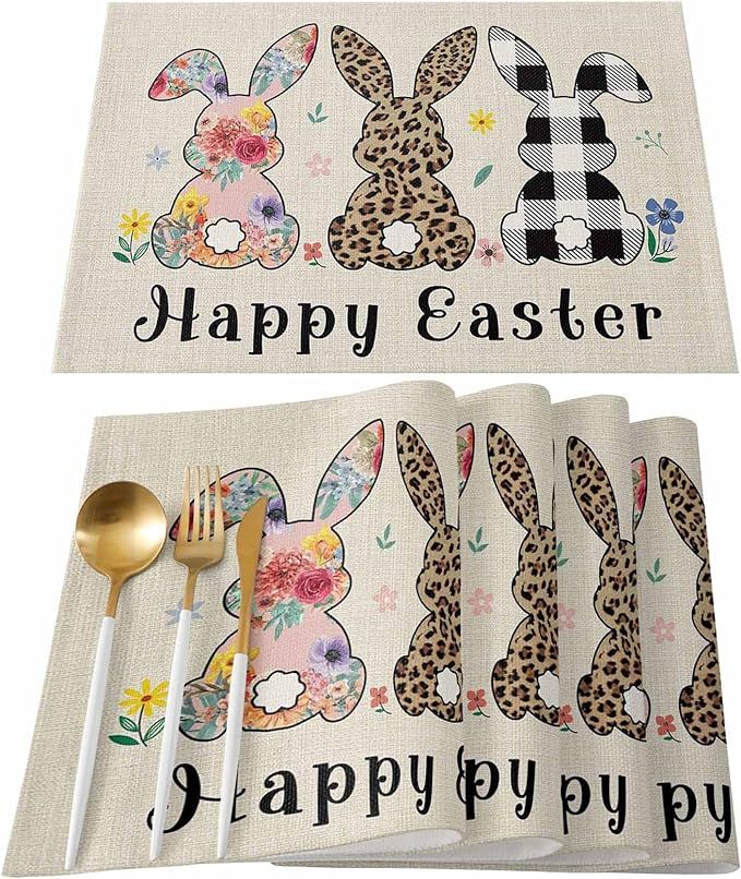 Artwork Store Happy Easter Placemats Set of 6,Cotton Linen Heat Resistant Table Mats Washable Cut... | Amazon (US)