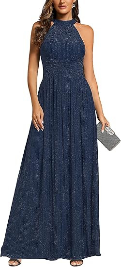Ever-Pretty Women's Elegant Halter Formal Dresses Evening Gowns Pleated Glitter Floor Length Wedd... | Amazon (US)