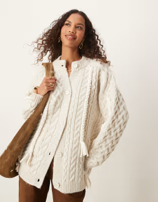 ASOS DESIGN crafter cable cardigan with 3D detail in cream | ASOS (Global)