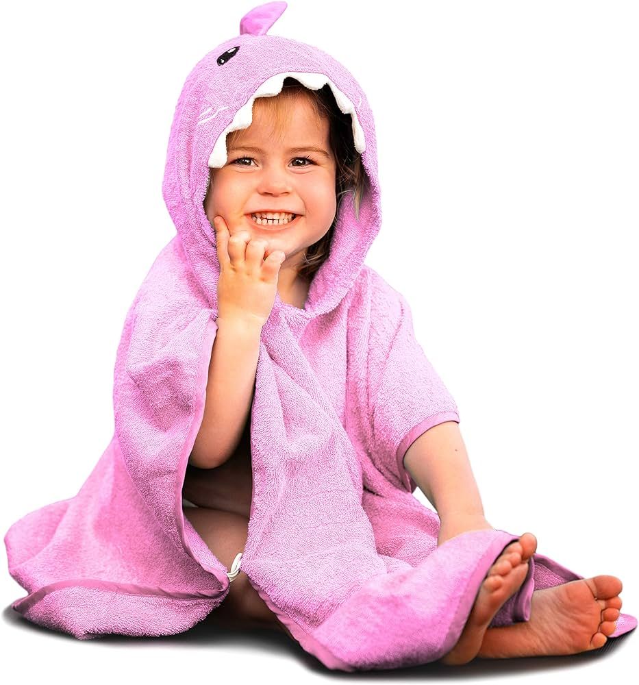 Hudz Kidz Premium Hooded Towel Poncho for Kids & Toddler - 100% Cotton (Pink Shark) | Amazon (US)