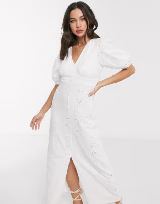 ASOS DESIGN broderie tea maxi dress with puff sleeve in white | ASOS (Global)