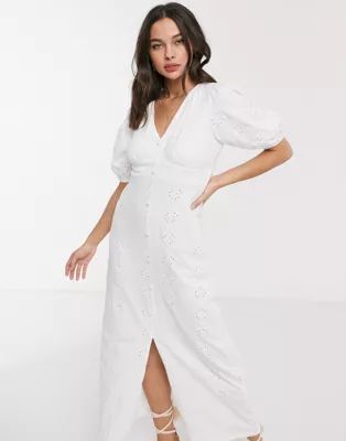 ASOS DESIGN broderie tea maxi dress with puff sleeve in white | ASOS (Global)