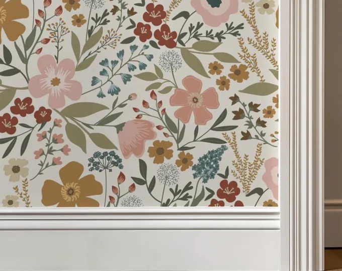 Floral Peel and Stick Wallpaper - Flo's Vintage Garden Party Mural in Dusty Mauve, Plum & Gold fo... | Etsy (Global)