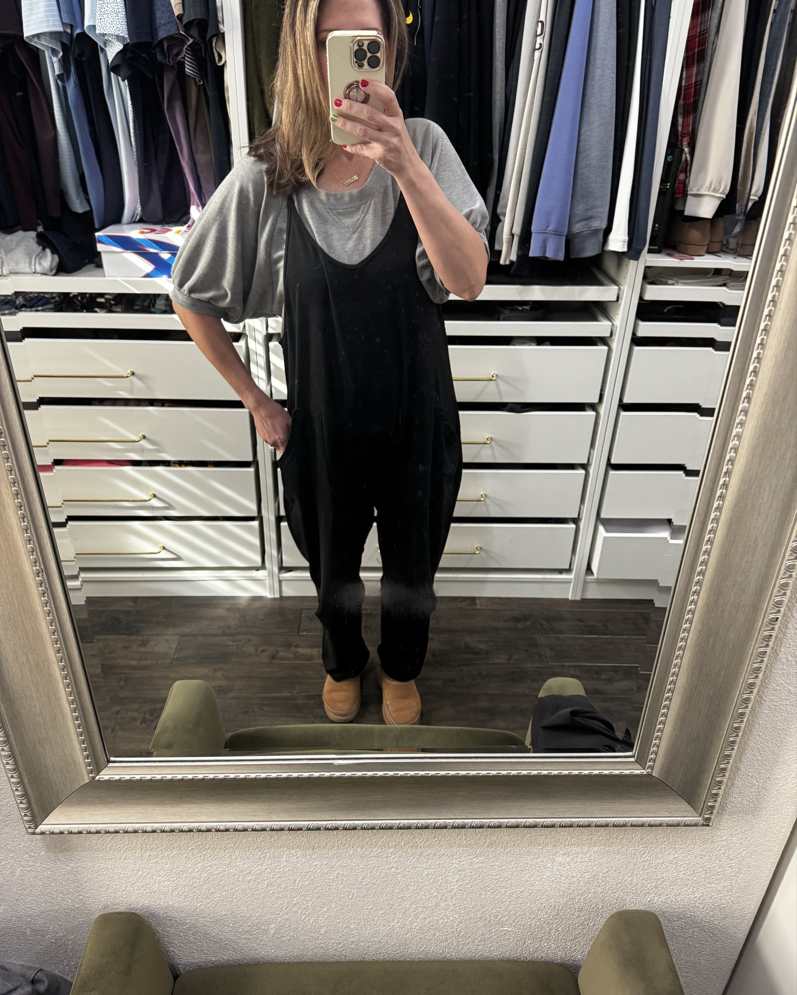 Extra Comfy Jumpsuit - I wear to nail salon so it’s easy to roll up the legs, but also have worn with a tank top in the summer. I went up a size to medium. It does have adjustable straps.  It’s cheap, and should be on prime delivery. A good gift idea for a friend or teen. T-shirt is from Chaser. 
#amazonfinds
#jumpsuit
#loungewear
#giftideas


#LTKHoliday #LTKGiftGuide #LTKFindsUnder50