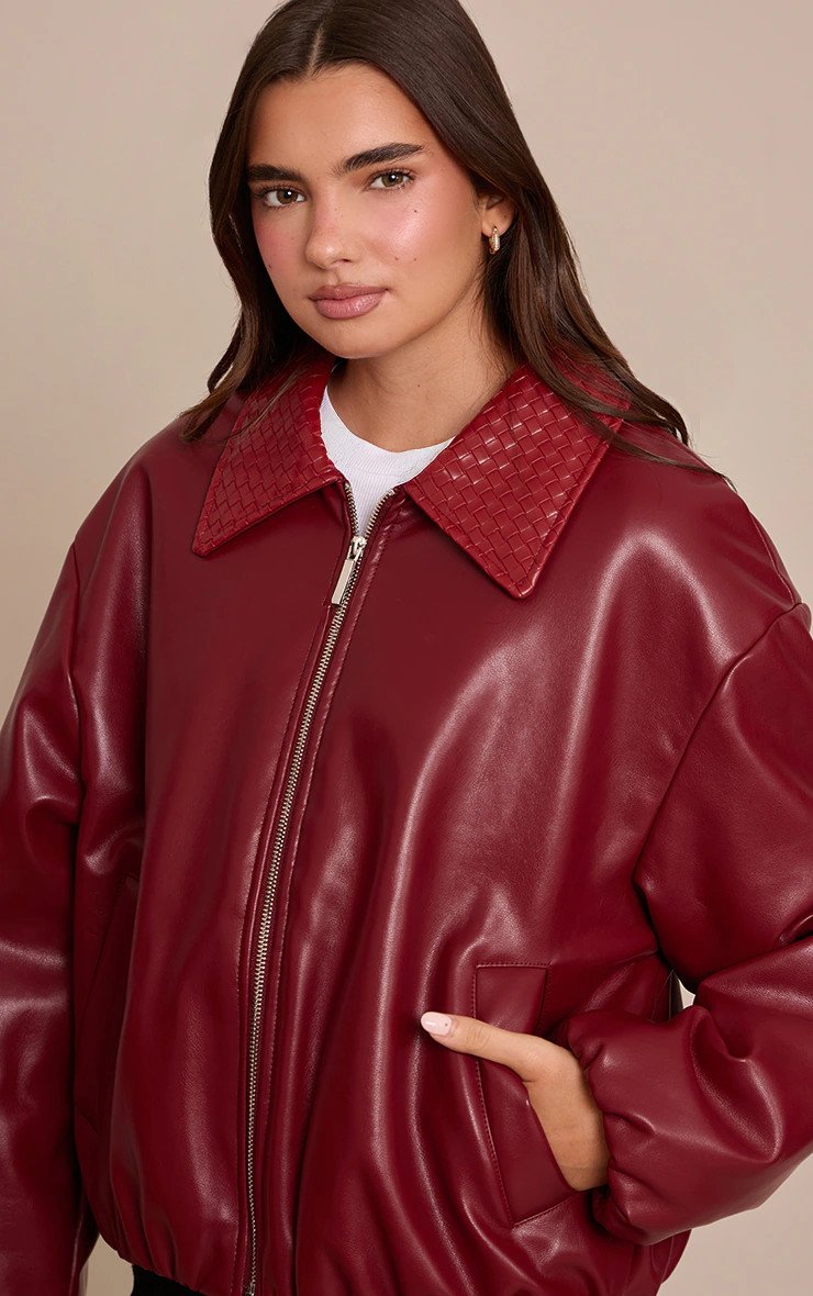 Red Quilted Collar Detail Faux Leather Bomber | PrettyLittleThing US