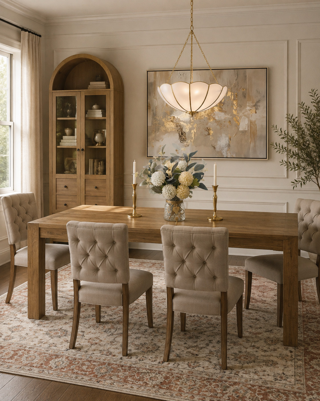 Lowe’s has some seriously good dining room finds right now. 🤎

This dining room mixes warm wood furniture, tufted dining chairs, an arched display cabinet, statement lighting, and a vintage style rug for a polished, timeless look.

#LowesHome #DiningRoomDesign #DiningRoomDecor #DiningRoomFurniture #HomeDecor #InteriorInspo

#LTKHome #LTKSeasonal #LTKOver40