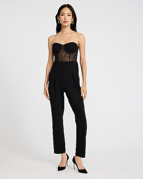 Lace Strapless Corset Tapered Leg Jumpsuit with Pockets | Express