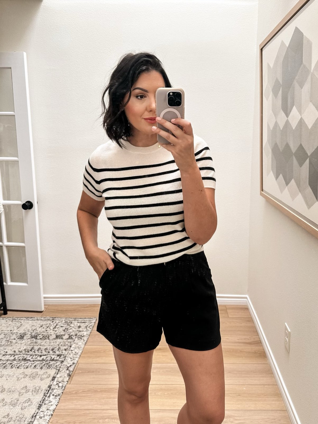 This sweater top is one I’ve had since the spring and highly recommend. It’s lightweight, non itchy and the fit is a nice tailored look that works well with trousers, denim, etc. It comes mainly in solids but I like this striped option. 

After reading reviews, I went with a large and glad I did. It runs snug at the chest / arms.  . 

 #LTKFindsUnder100