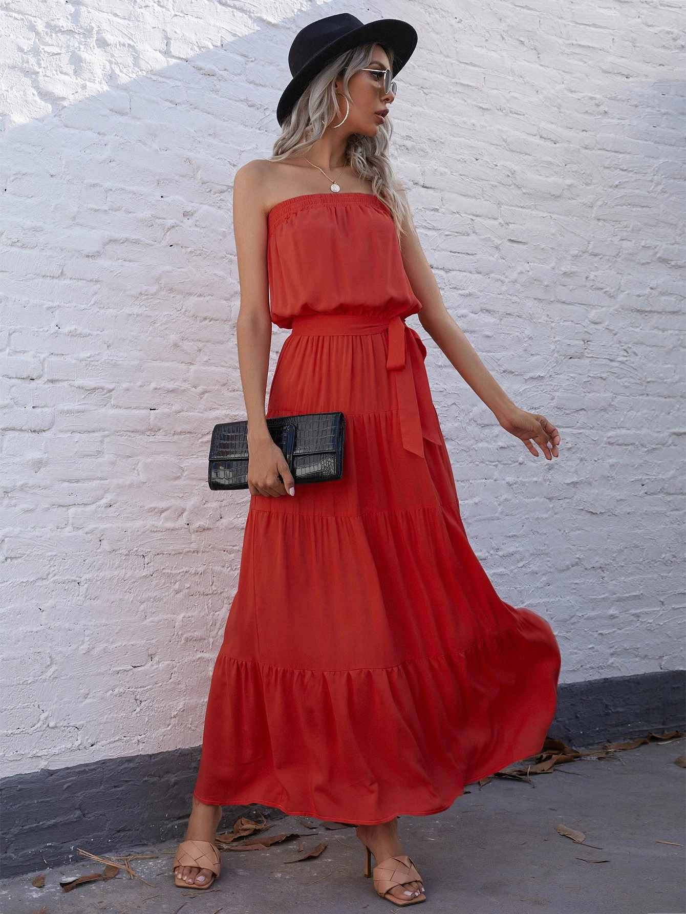 Flounce Hem Belted Tube Dress | SHEIN