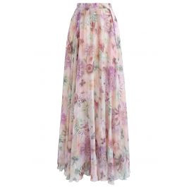 Sunflower Blossom Watercolor Chiffon Maxi Skirt in Pink | Chicwish