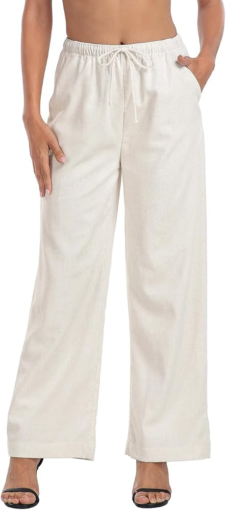 HDE Womens Linen Pull On Drawstring Pants High Waist Wide Leg Palazzo Beach Trouser Flowy Casual ... | Amazon (US)
