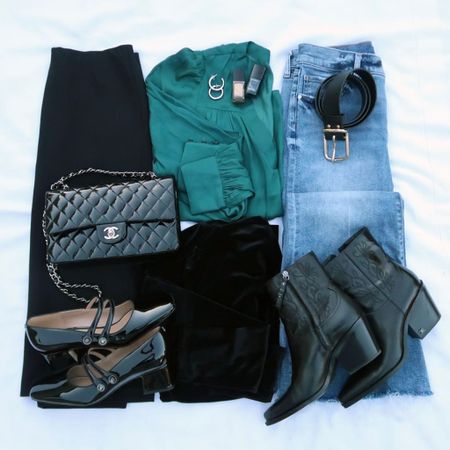 Casual holiday capsule wardrobe. Love a pop of green this year. Also loving this velvet too, black pencil skirt and flare jeans to mix and match into several holiday and Christmas outfits ❤️💚🎄🙌

#LTKHoliday #LTKstyletip #LTKover40
