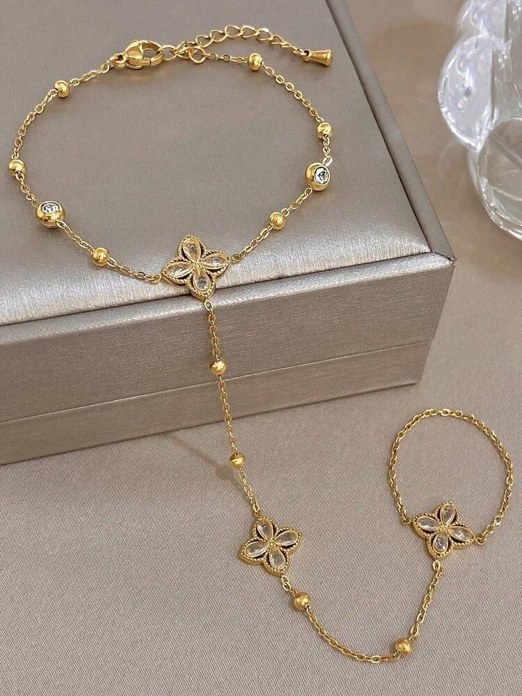 1pc 18K Gold Plated Elegant Lucky Four-Leaf Clover Rainbow Zirconia Bracelet & Ring Set, Suitable For Summer Beach Vacation, Stainless Steel Jewelry For Women, Suitable For Valentine's Day, Party, Celebration, Daily Wear, Date, Carnival, New Year, Wedding, Beach, Anniversary, Elegant Mother's Gift, Bohemian Style Jewelry, Bridesmaid Gift | SHEIN