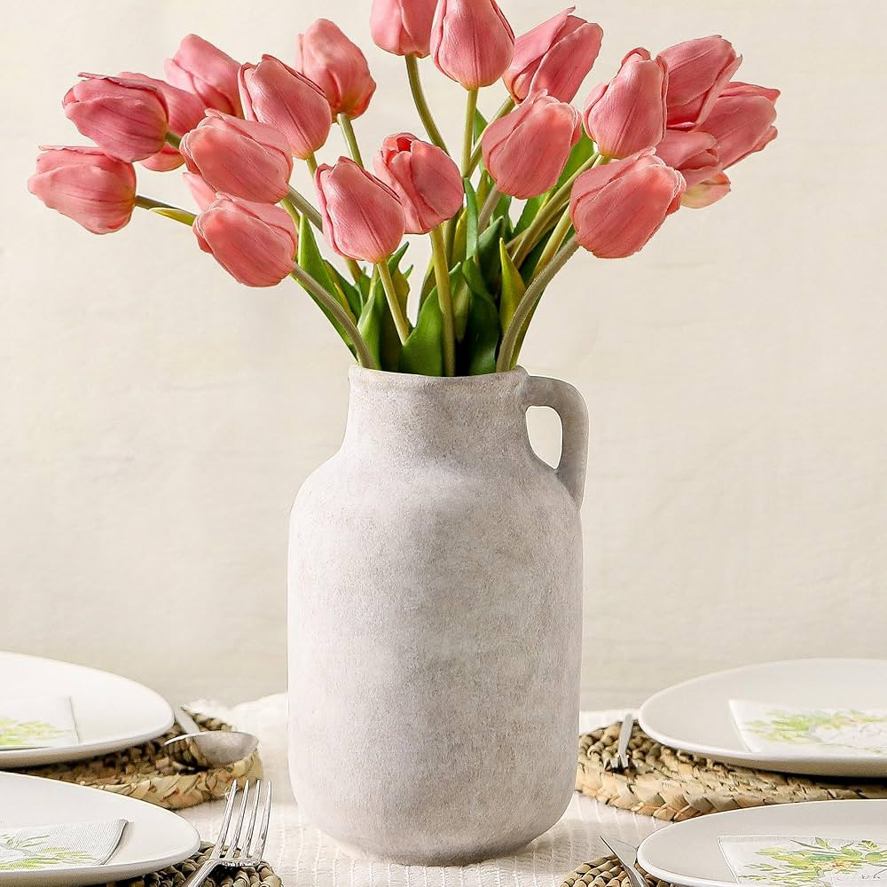 Ceramic Flower Vase Home Decor - 9.7 inch Large White Rustic Table Flowers Vases Living Room Bedr... | Amazon (US)