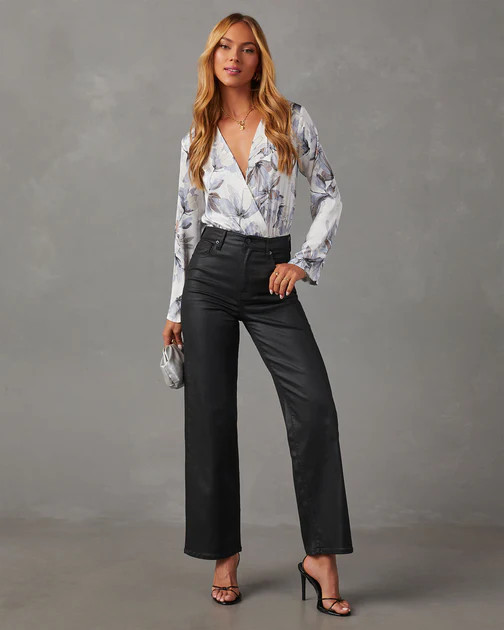 Nattie Satin Floral Long Sleeve Bodysuit - Blue/White | VICI