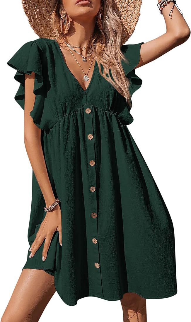 KOJOOIN Women's Ruffle Babydoll Dress Long/Short Sleeve V Neck High Waist Botton Casual Loose Flo... | Amazon (US)