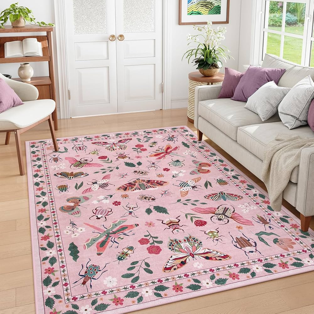 Lahome Insect Machine Washable Rugs 5x7, Soft Modern Pink Rugs for Bedroom Girls Living Room, Non... | Amazon (US)