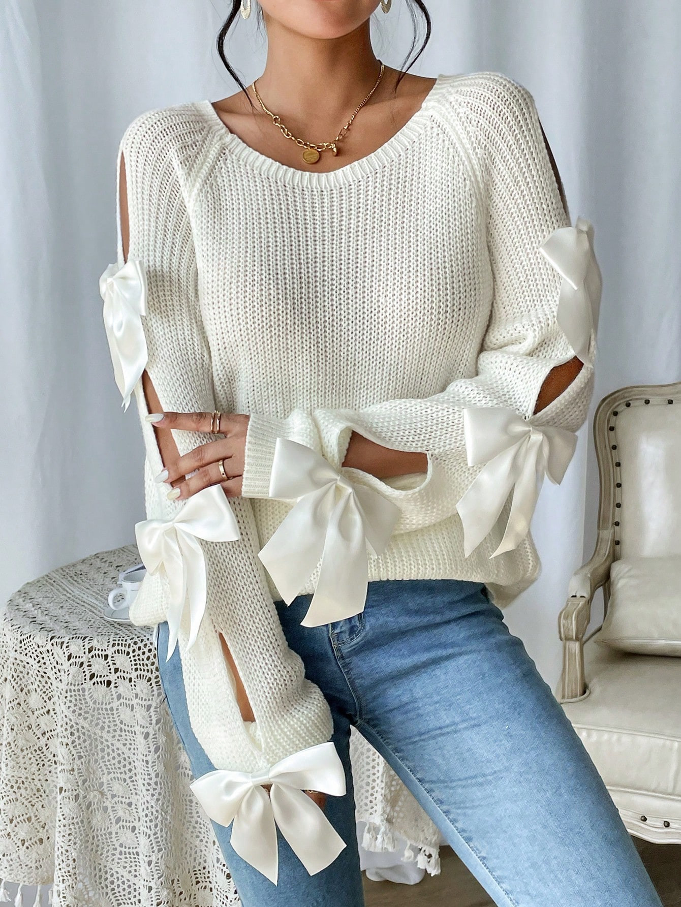 SHEIN Privé Bow Detail Cut Out Raglan Sleeve Sweater | SHEIN