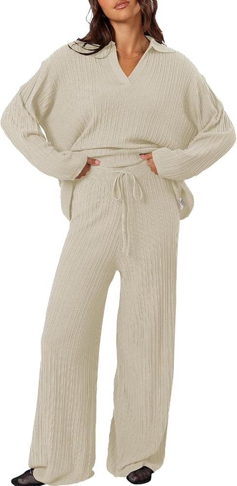 Cakulo Womens 2024 Lounge Sets 2 Piece Outfits Knit Sweater Matching Set Ribbed Wide Leg Loungewe... | Amazon (US)