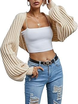 SheIn Women's Long Sleeve Open Front Crop Cardigan Drop Shoulder Shrug Ribbed Knit Bolero Sweater | Amazon (US)