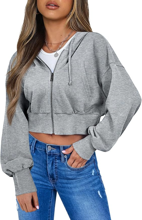 Fisoew Women's Zip Up Cropped Hoodies Long Sleeve Sweatshirts Drawstring Casual Loose Hooded Hood... | Amazon (US)