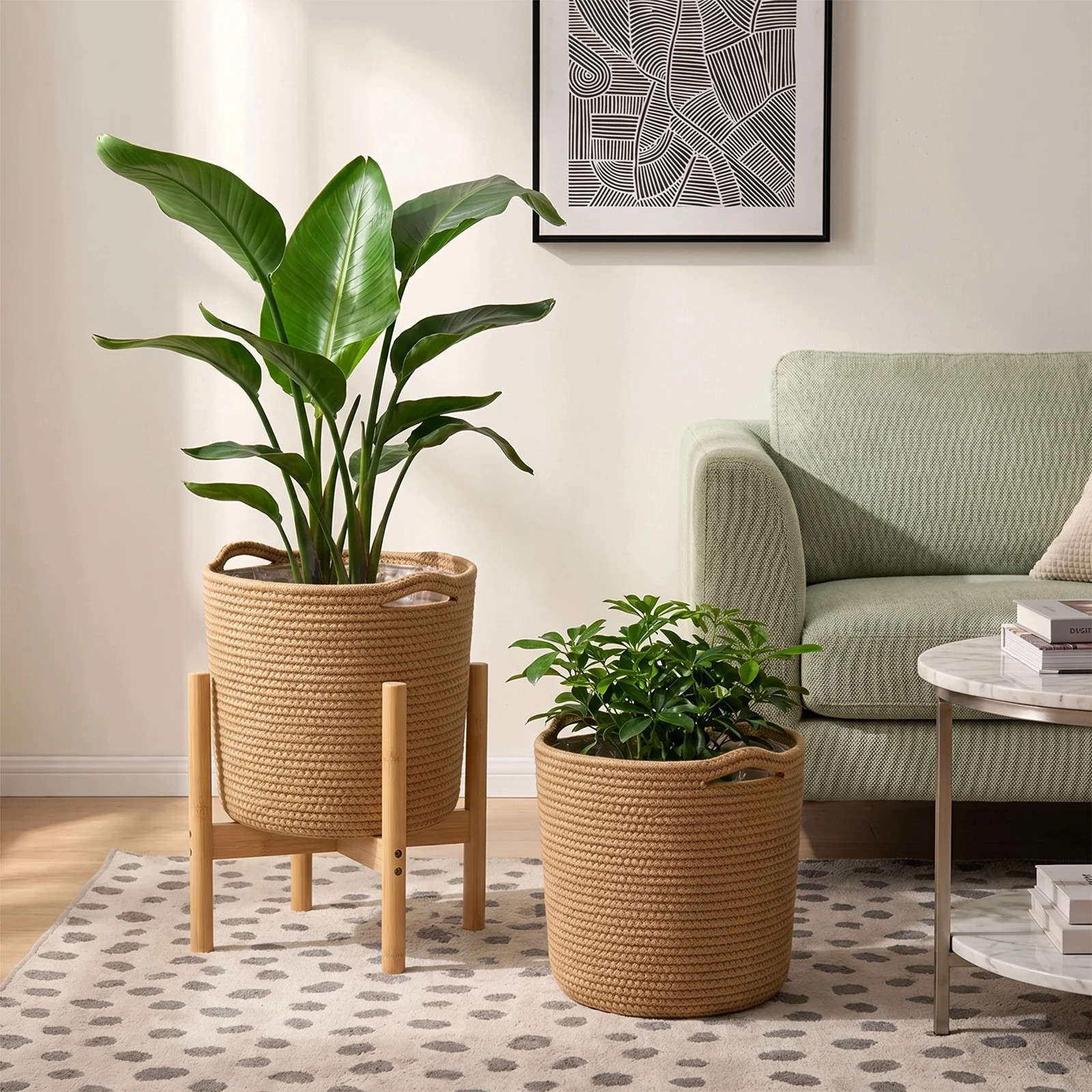 MOLIBYME Plant Basket with Stand, Indoor Cotton Rope Plant Woven 2 Basket with Bamboo Wood Stand, Boho Wicker Storage Basket Planter Holder, Jute and White Fringe | Walmart (US)