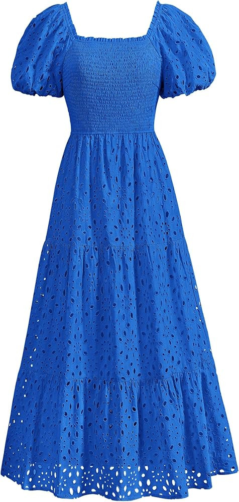 PRETTYGARDEN Summer Dresses for Women 2025 Eyelet Square Neck Puff Sleeve Smocked Wedding Guest M... | Amazon (US)