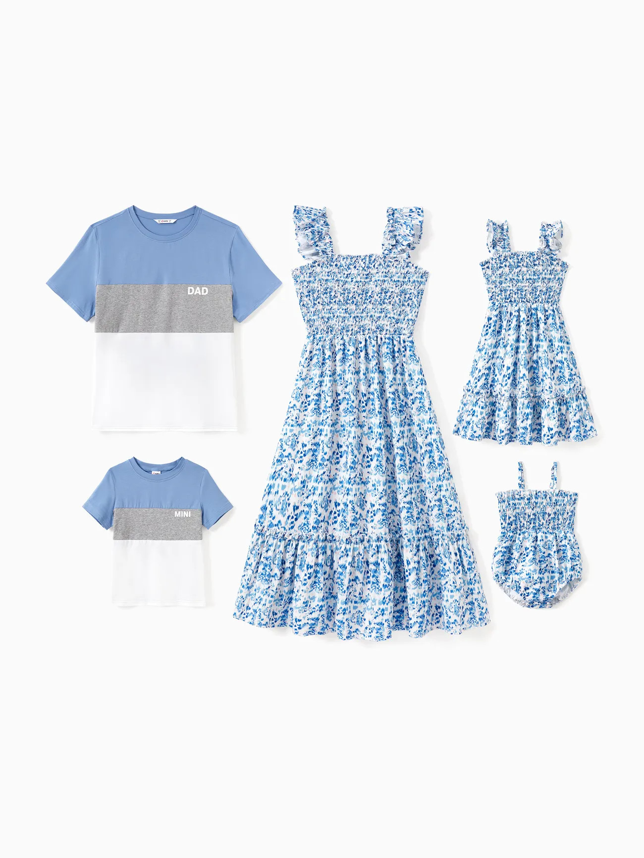 Family Matching Sets Color Block Tee or Floral Shirred Top Ruffle Hem Strap Dress | PatPat