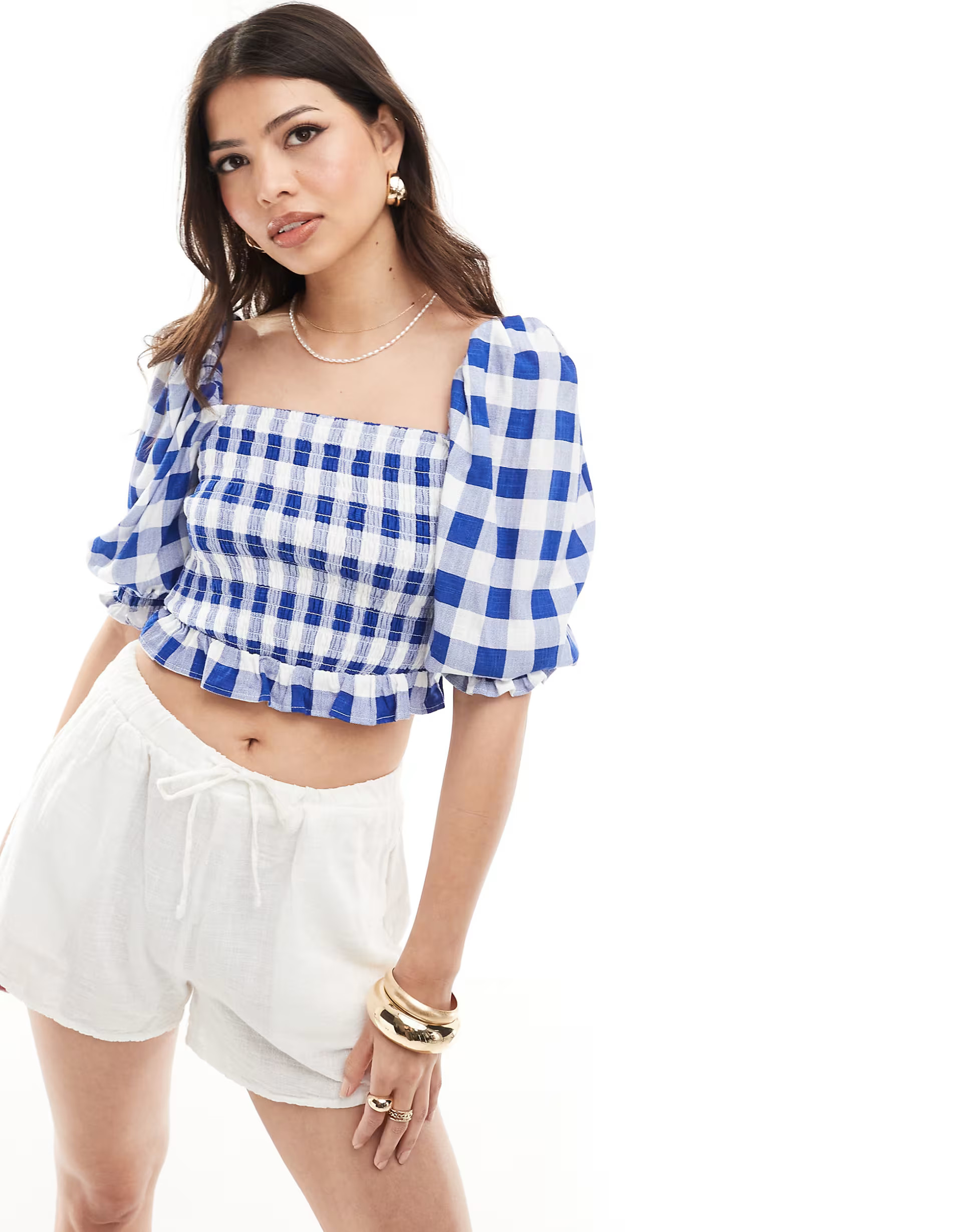 Stradivarius square neck top in blue gingham print  | ASOS | ASOS (Global)