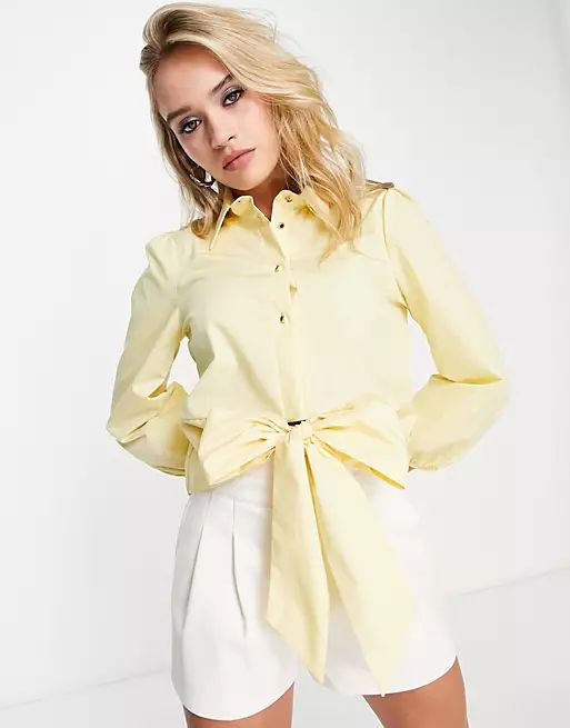River Island puff sleeve tie front shirt in light yellow | ASOS | ASOS (Global)