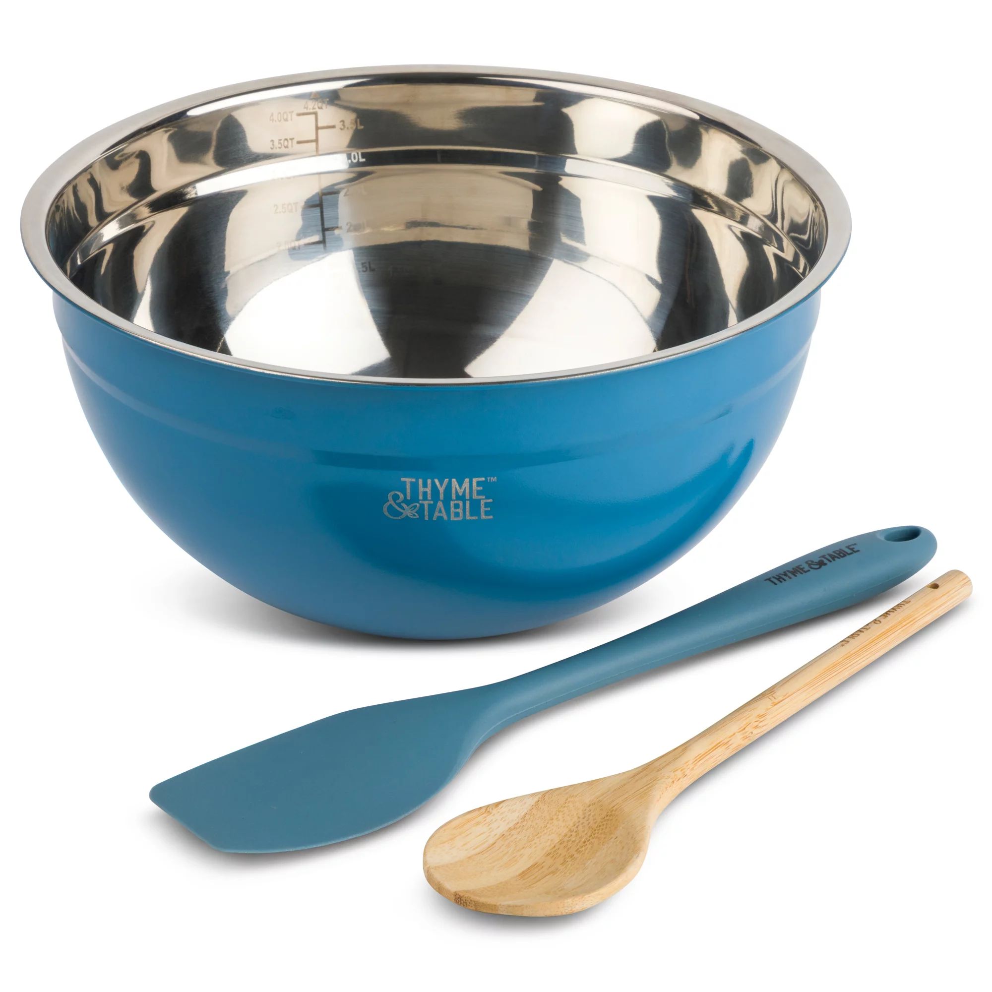 Thyme & Table Stainless Steel Mixing Bowl with Silicone Spatula & Wood Spoon, 3 Piece Set, Blue -... | Walmart (US)