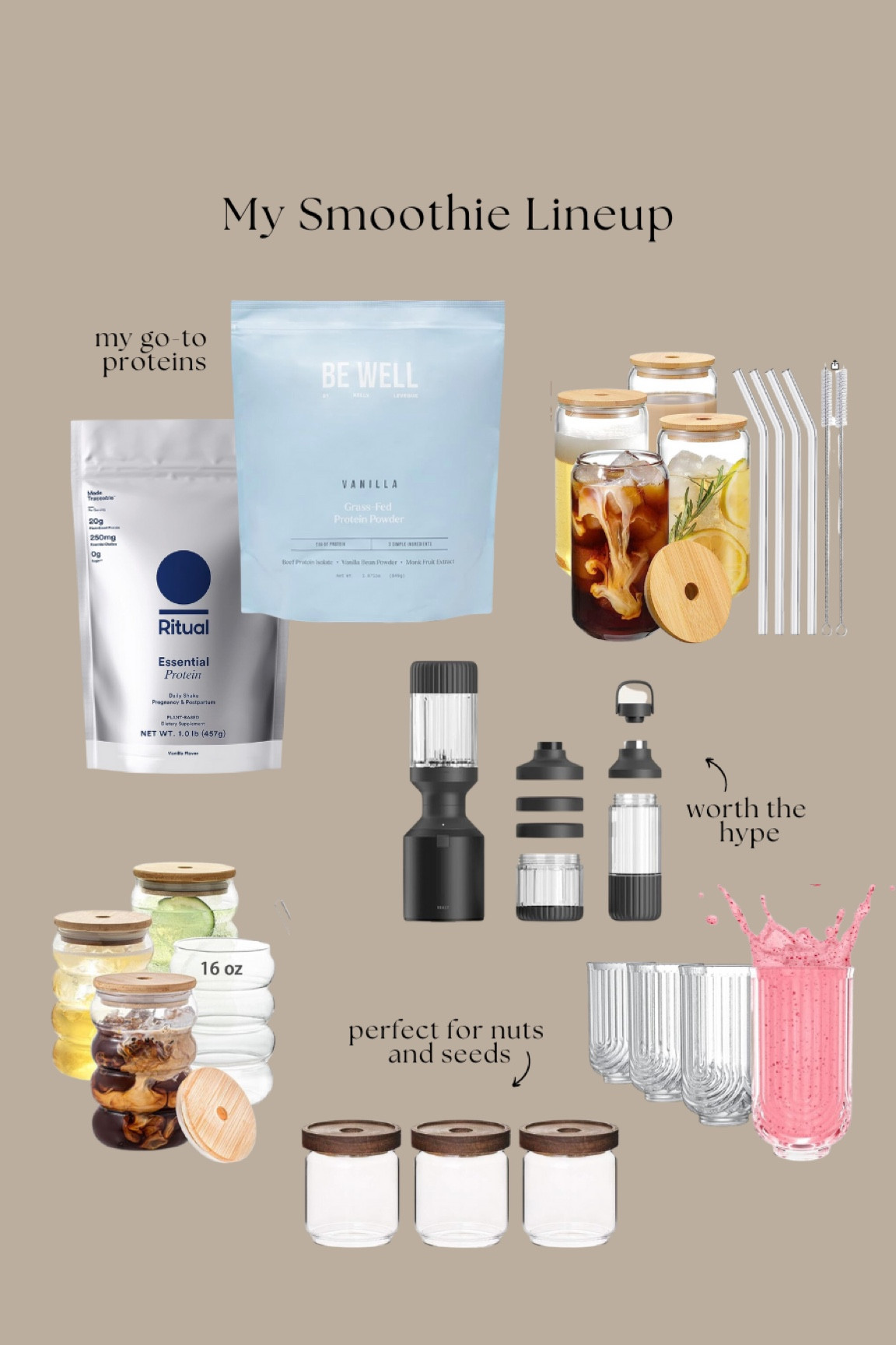 Linking my daily smoothie lineup. The beast blender is worth the hype imo. Also linked my favorite amazon cups and proteins. Grab my cookbook for more healthy smoothie recipes