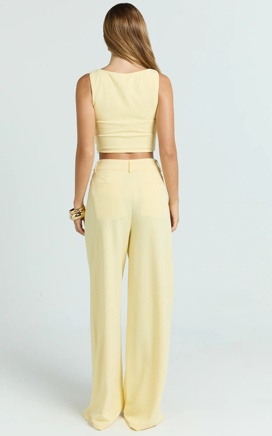 Crepe Twisted Top And Wide Leg Pants in Pastel Yellow | Showpo (US, UK & Europe)