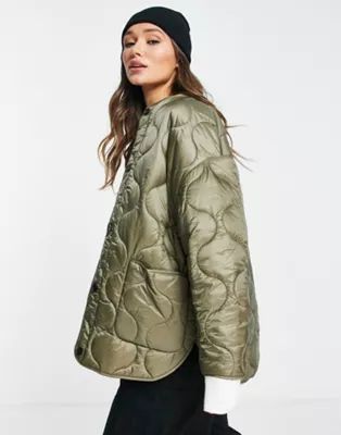 Mango diamond quilted button front coat in khaki | ASOS (Global)