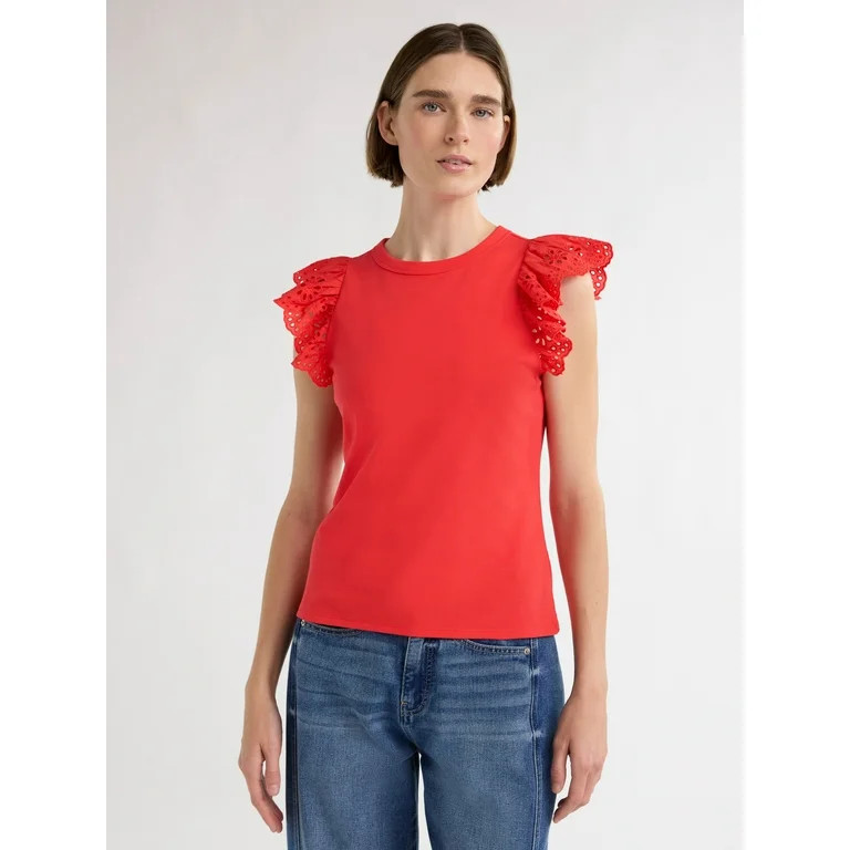 Free Assembly Women's and Women's Plus Eyelet Flutter Sleeve Tee, Sizes XS-4X | Walmart (US)