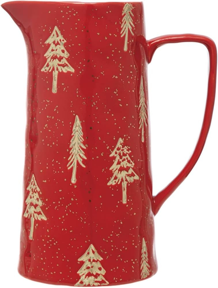 Creative Co-Op Hand-Stamped Stoneware Pitcher with Tree Pattern and Gold Electroplating, Red | Amazon (US)