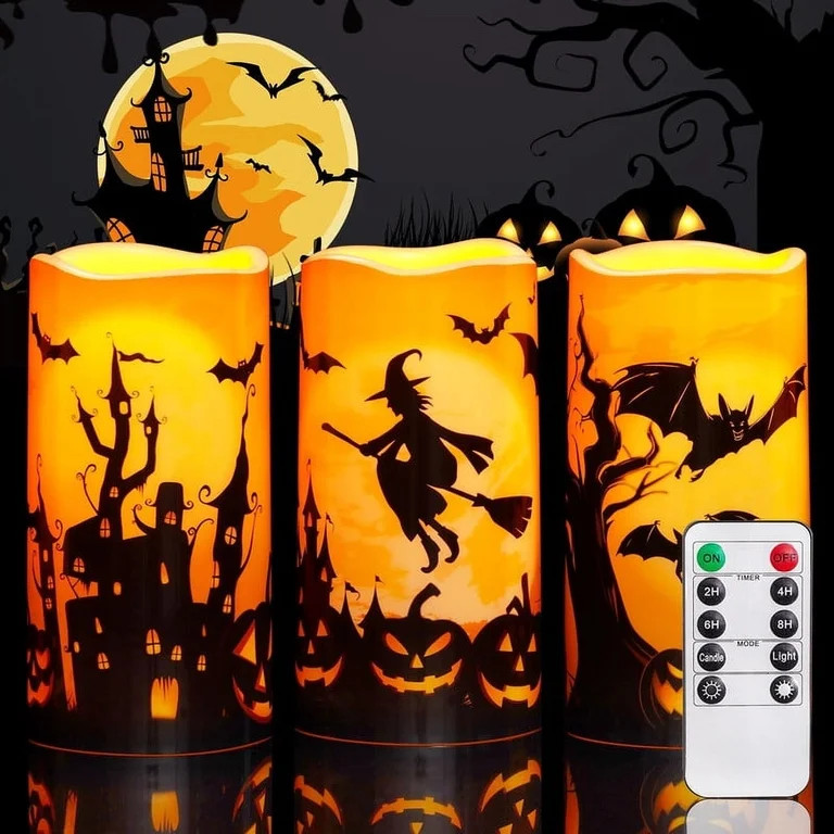 Halloween Candles, Orange Flameless Candles, Outrdoor Waterproof Battery Operated LED Pillar Cand... | Walmart (US)