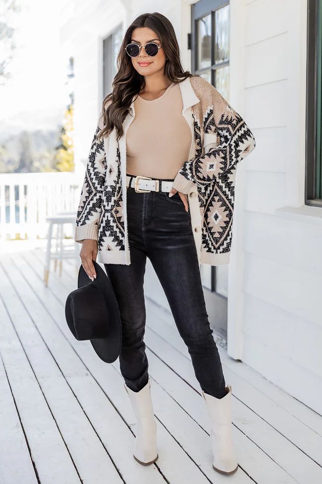 Something More Beige And Black Fuzzy Southwestern Print Shacket | Pink Lily