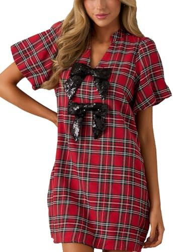 Women Plaid Mini Dress V Neck Lantern Short Sleeve Bow Front Shift Dress with Pocket | Amazon (US)