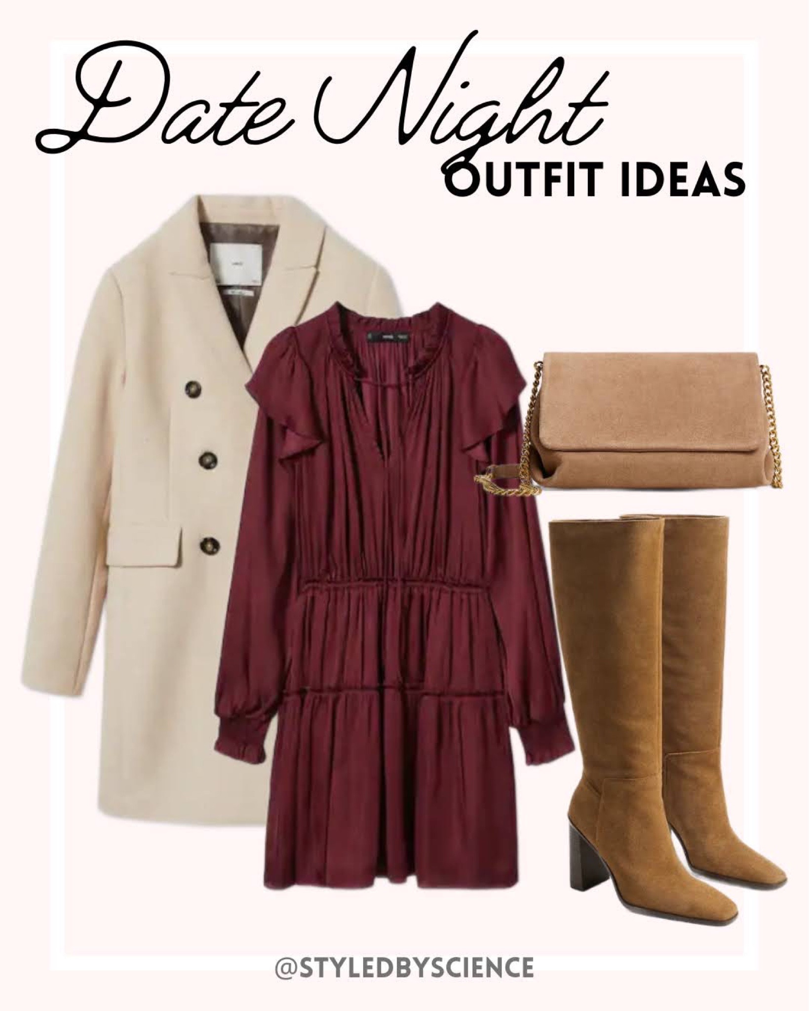 Date night outfit, wool coat, camo coat, red dress, ruffle dress, satin dress, burgundy dress, tall boots with heels, knee-high boots, boots with block heels, chain strap handbag, suede handbag, suede leather handbag with chain strap, fall dressy outfit, night out outfit

#LTKSeasonal #LTKunder100 #LTKstyletip