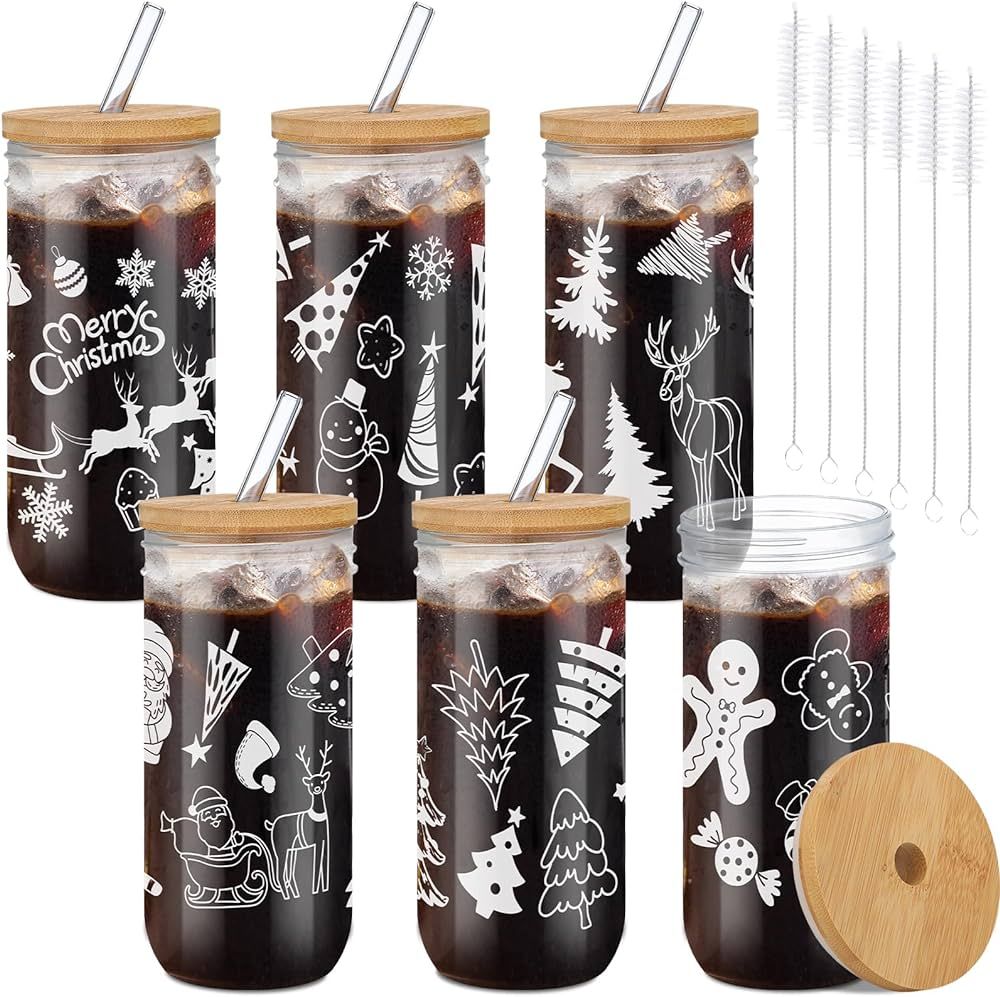 Amazon.com: Zhehao 6 Pack Christmas Glass Cups 24 oz Christmas Mason Jars with Lids and Straws Ch... | Amazon (US)