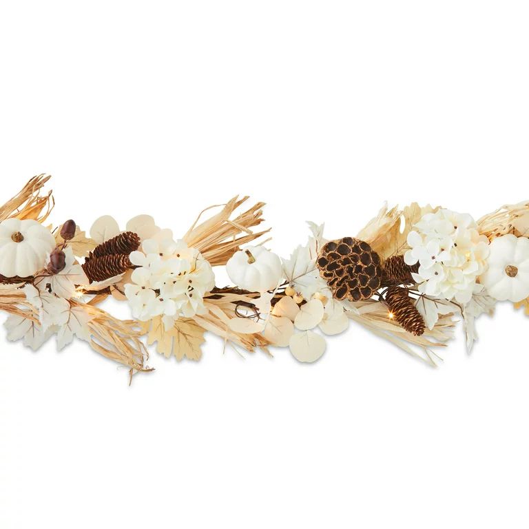 Way to Celebrate! 9ft Pre-Lit Fall Garland, White Floral and Leaf Mix, for Fall Decoration | Walmart (US)