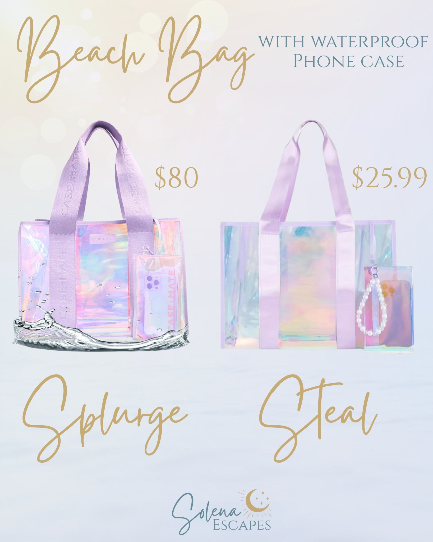 Splurge vs steal iridescent waterproof beach bag tote with phone case perfect for beach vacations and sunny days 

#beachbag #beachtote #summer #getaway #travel #summertrip #vacation #beachvacation #packinglist #beachvibes #cutetravelaccessories #purplebag #pinkbag #clearbag

#LTKSeasonal #LTKTravel #LTKSaleAlert