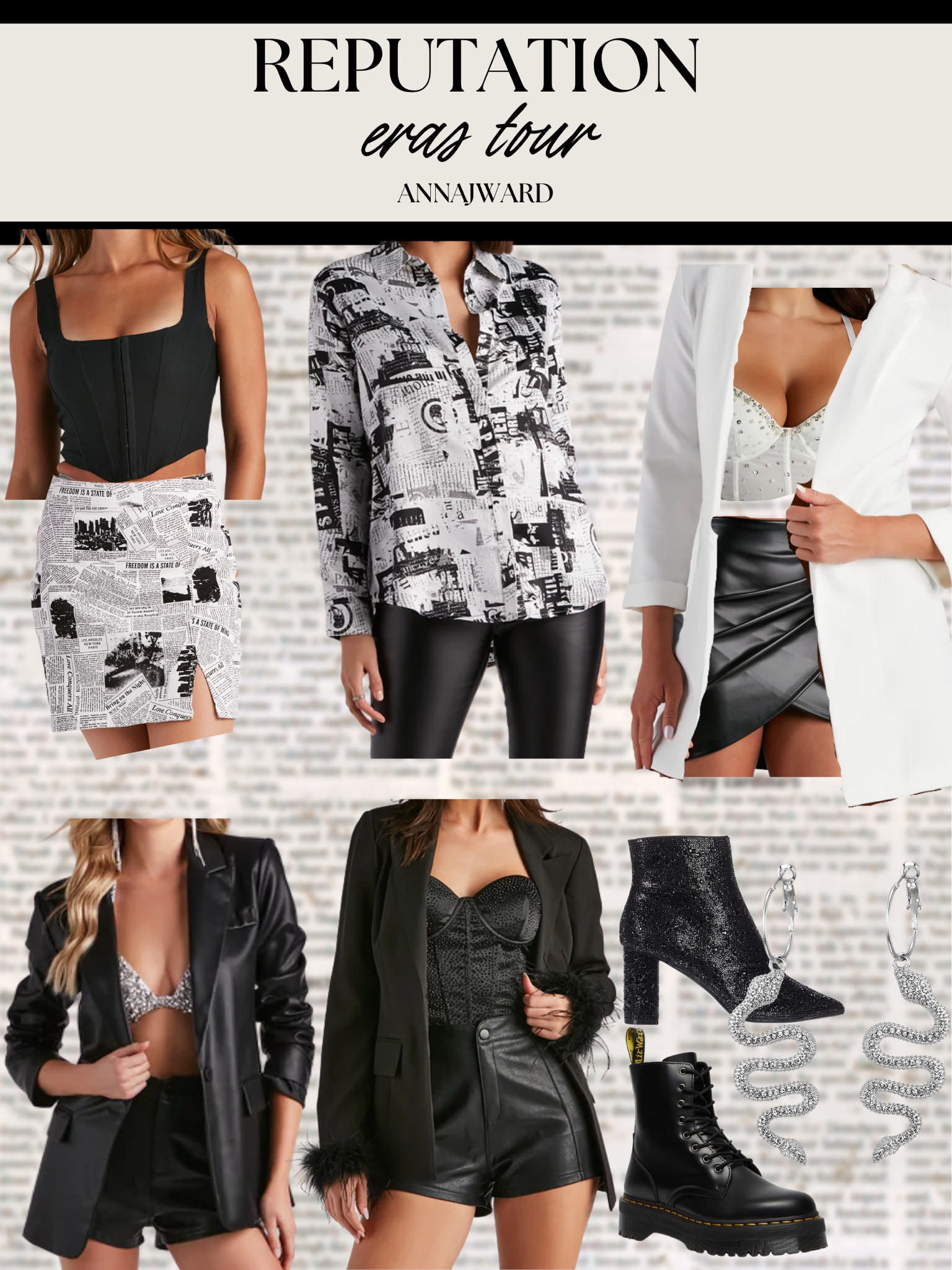 Taylor Swift eras tour outfit inspo 🖤🐍 Reputation of eras tour outfit inspo. What to wear to eras tour concert. Newspaper outfits. Black outfits. Snake outfits  

#LTKunder100 #LTKunder50