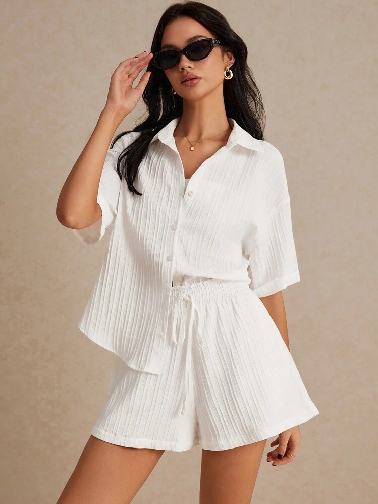 Poéselle Summer Two-Piece Set, Beach Two-Piece Set, Striped Fabric, Cuffed Sleeves, Shorts With Side Pockets, Suitable For Vacation, Loose Loose Shirt Set, White, Wedding Season | SHEIN
