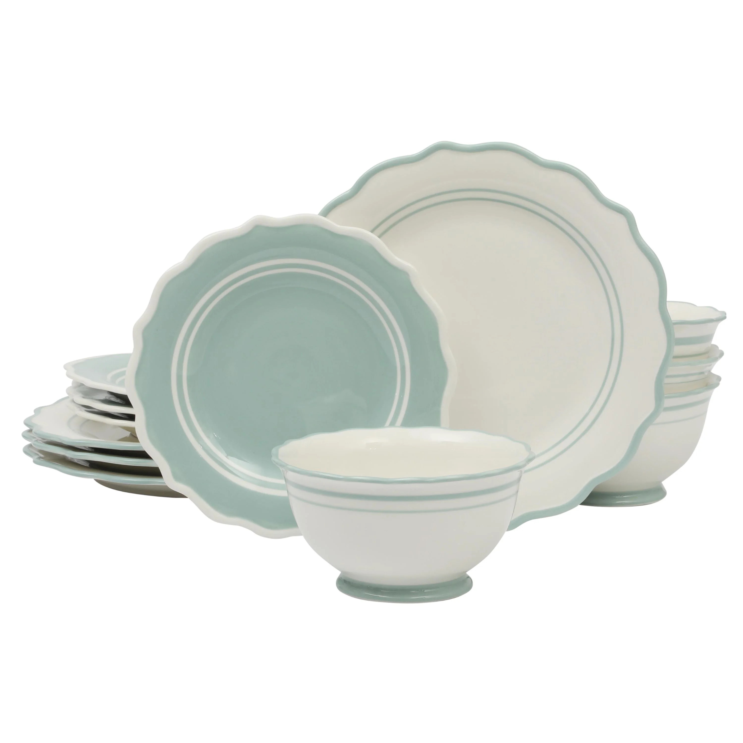 The Pioneer Woman Ainsley 12-Piece Ceramic Dinnerware Set, Sage Blue | Walmart (US)