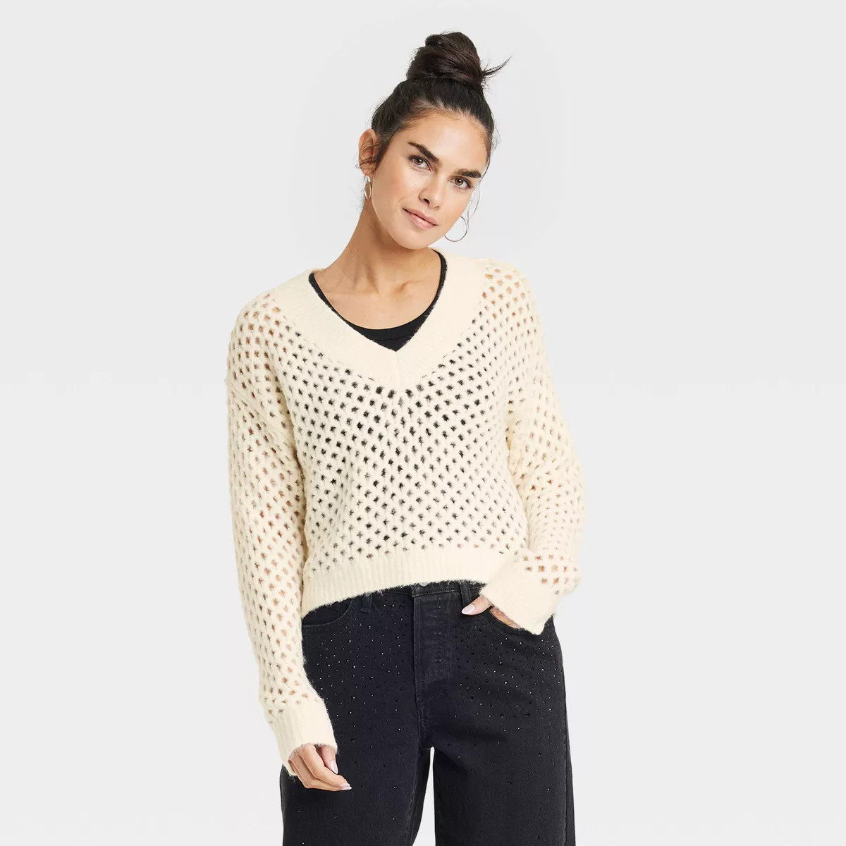 Women's V-Neck Open Work Pullover Sweater - Universal Thread™ Cream L | Target