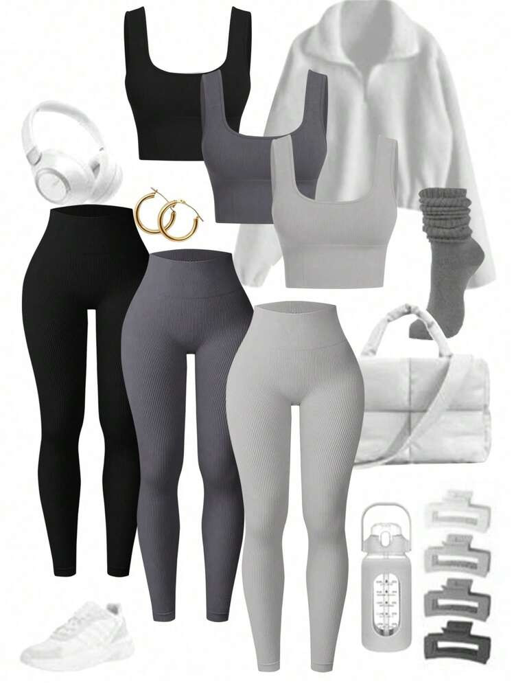 Eassivo Eassivo 3 Women Solid Ribbed Seamless Tank Top & High Waisted Leggings Sports Sets, For Gym Workout Women Set Gym Women Outfit | SHEIN