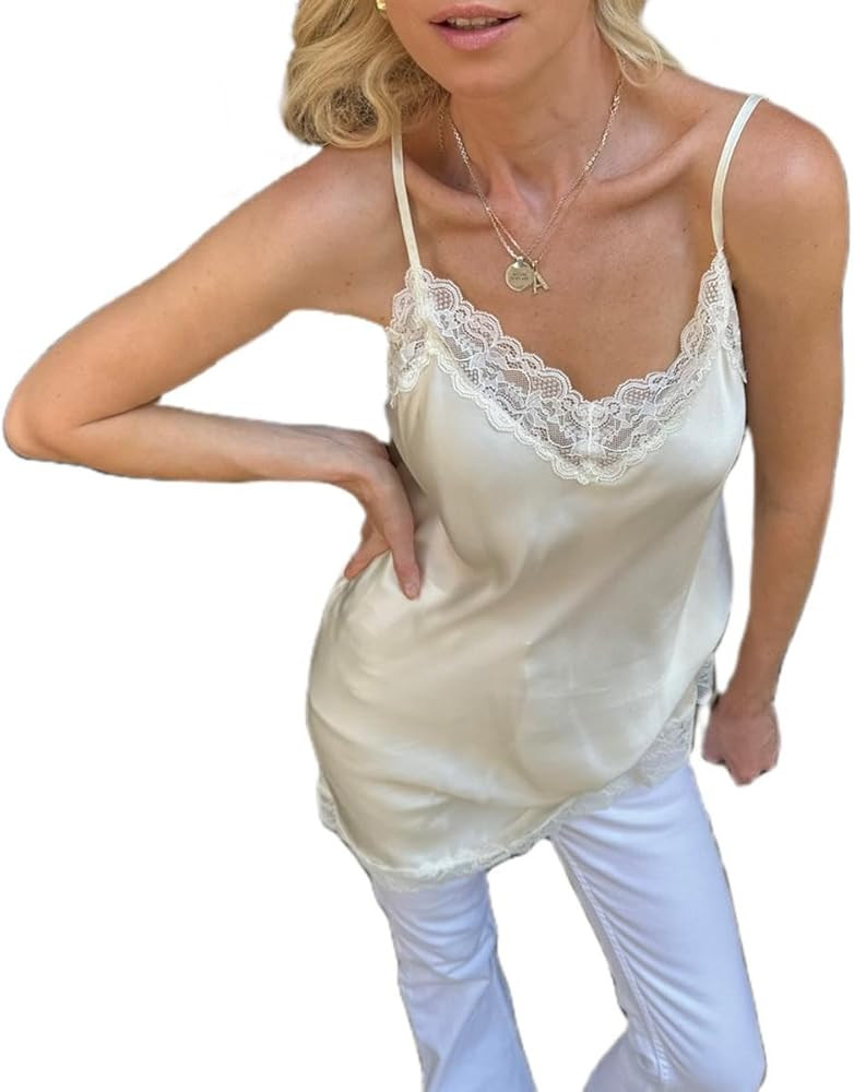 Lace Trim Satin Cami Tops for Women Spaghetti Strap Sexy V Neck Silk Camisole Going Out Party Shi... | Amazon (US)